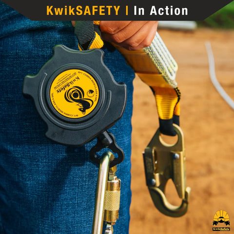 6 Foot Cobra Web Self Retracting Lifeline attached to worker's waist, Class 1 SRL Fall Protection Lanyard for safety