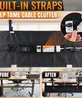 36 Inch Under Desk Cable Management Tray with no drill clamp, built-in ties, shows before and after use, tidy workspace