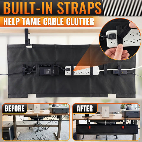 36 Inch Under Desk Cable Management Tray with no drill clamp, built-in ties, shows before and after use, tidy workspace