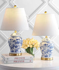 Blue And White Ceramic Ginger Jar Table Lamp With White Linen Shade, 22 Inch Tall LED Bedside Lamp For Living Room And Bedroom