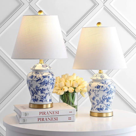 Blue And White Ceramic Ginger Jar Table Lamp With White Linen Shade, 22 Inch Tall LED Bedside Lamp For Living Room And Bedroom