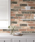 Newport Reclaimed Brick Peel And Stick Wallpaper Red Removable Self Adhesive Wall Covering For Bedroom And Living Room Pad Accent Walls No Residue Simple Cleanup, shown on kitchen wall with shelves and white dishes.