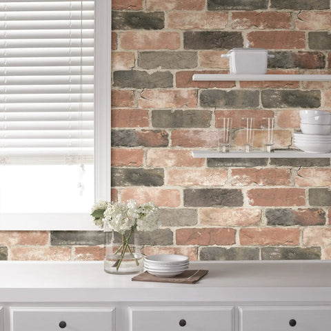 Newport Reclaimed Brick Peel And Stick Wallpaper Red Removable Self Adhesive Wall Covering For Bedroom And Living Room Pad Accent Walls No Residue Simple Cleanup, shown on kitchen wall with shelves and white dishes.