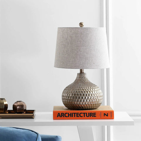 Antique Brown Honeycomb Resin Table Lamp With Teardrop Textured Base And Gray Linen Drum Shade LED Bulb Included For Living Room