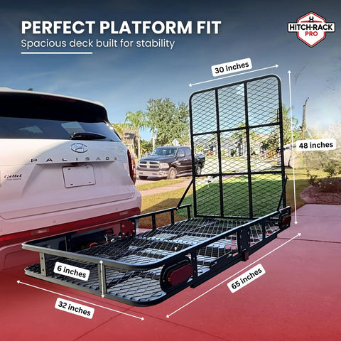 Heavy Duty 2 Inch Hitch Cargo Carrier For Electric Trikes With Folding Ramp And Tail Lights, Steel Platform, 250 Lb Capacity, Easy Roll On Loading, Beast Trike Hauler, Model SD 32-65 Carrier Only, black steel deck with dimensions shown