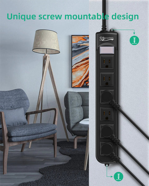 Weatherproof Outdoor Power Strip With Six Outlets Six Foot Extension Cord 1875W Surge Protector mounted on wall indoors.