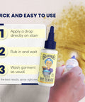 Secret Spot Remover For Clothes Chlorine Free Toxin Free Stain Remover For Fabric That Eliminates Oil Paint Blood And Pet Stains Without Damaging Color Safe On Most Fabrics Gentle Non Bleach Formula 2 Ounce Bottle shown in use on stained fabric