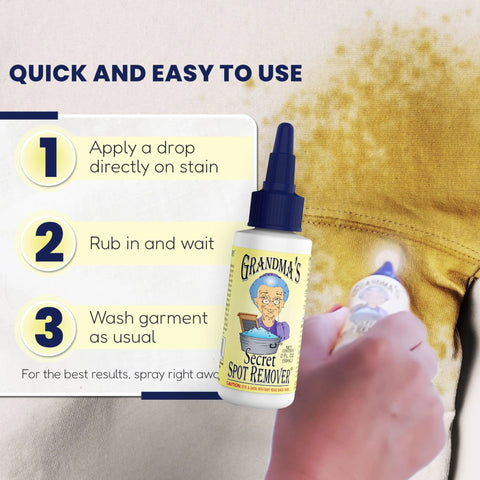 Secret Spot Remover For Clothes Chlorine Free Toxin Free Stain Remover For Fabric That Eliminates Oil Paint Blood And Pet Stains Without Damaging Color Safe On Most Fabrics Gentle Non Bleach Formula 2 Ounce Bottle shown in use on stained fabric