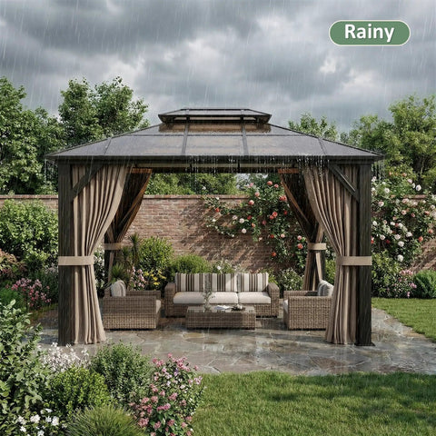 10x12 Ft Hardtop Gazebo With Aluminum Frame And Polycarbonate Roof, Permanent Outdoor Pavilion With Curtains And Netting in garden