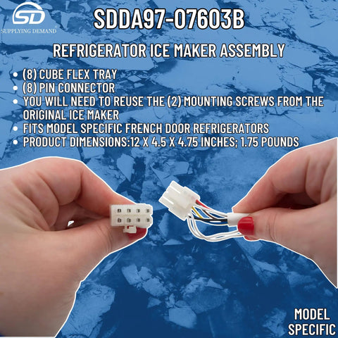 Hands holding pin connectors for Freezer Drawer Ice Maker Assembly Replacement For DA97-07603B 8 Cube Flex Tray