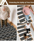 Elderly person, pregnant woman, child, and dog on stairs with No Slip Peel And Stick Stair Treads For Wooden Steps 9x28 Inches.