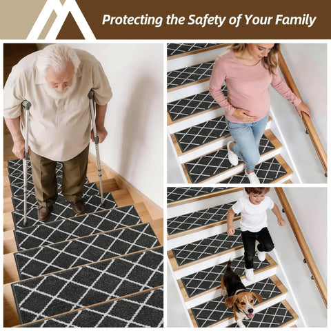 Elderly person, pregnant woman, child, and dog on stairs with No Slip Peel And Stick Stair Treads For Wooden Steps 9x28 Inches.
