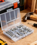 Wood Screws Assortment Kit For DIYers, 150 Pcs Self-Tapping Phillips Screws In 6 Sizes For Wood, open box view on workbench