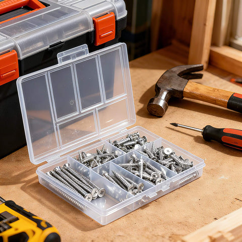 Wood Screws Assortment Kit For DIYers, 150 Pcs Self-Tapping Phillips Screws In 6 Sizes For Wood, open box view on workbench