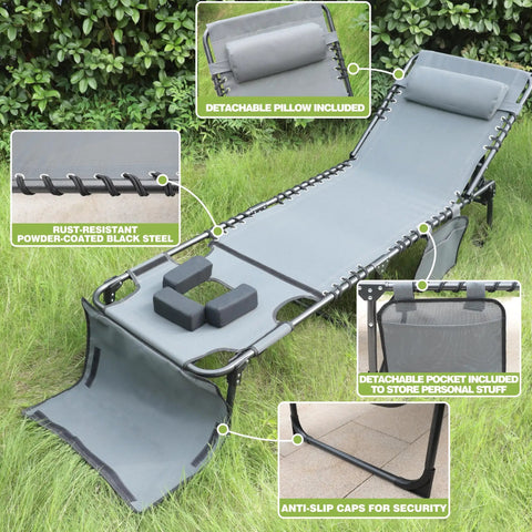 Outdoor Patio Chaise Lounge Chair With Face Hole For Beachside Chill And Poolside Kickback in grey with detachable pillow