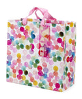 10.47 Inch Square Gift Bag With Watercolor Dots And Just For You Design in high quality paper with pink handles, side view