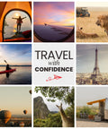 Roamwell Essential Travel Kit concept collage: nine travel scenes with a central Travel with Confidence graphic.