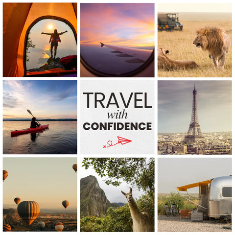 Roamwell Essential Travel Kit concept collage: nine travel scenes with a central Travel with Confidence graphic.