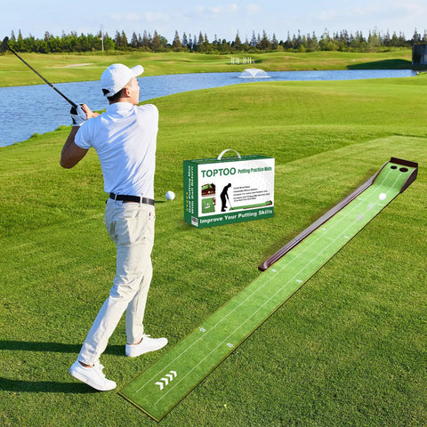 Indoor Outdoor Golf Putting Mat With Ball Return For Home Office Backyard Practice Green Training Includes Putter And Five Balls 9.84 Feet Long used by golfer on course