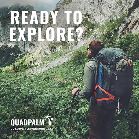 Hiker with backpack in lush green mountain landscape, Foldable Stainless Steel Grappling Hook attached to pack, exploring outdoors.