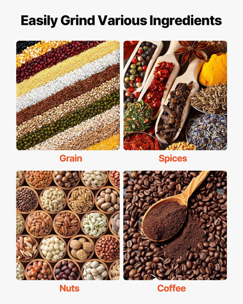 Various grains, spices, nuts, and coffee beans illustrating ingredients for Manual Grain Mill With Low Hopper Hand Crank Cast Iron Grinder For Wheat Grains Spices Coffee Beans And Nuts Heavy Duty Table Clamp Dust Cover Non Electric Milling For Fresh Flavor At Home