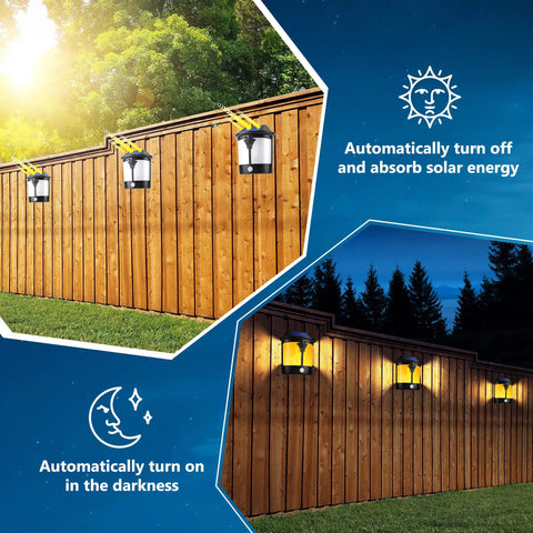 2 In 1 Solar Wall Lights Outdoor Pack Of 2 With Motion Sensor Flickering Flame And White Light Modes Waterproof Sconce For Garden Patio Garage Easy Install Durable Night Lighting For Security And Curb Appeal shown on a wooden fence during day and night.