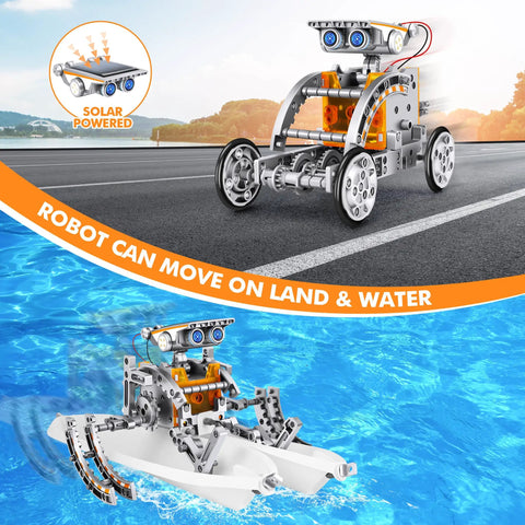 13-In-1 Solar Power Robot Kit For Kids And Teens Educational STEM Toy Set showing land and water movement capability