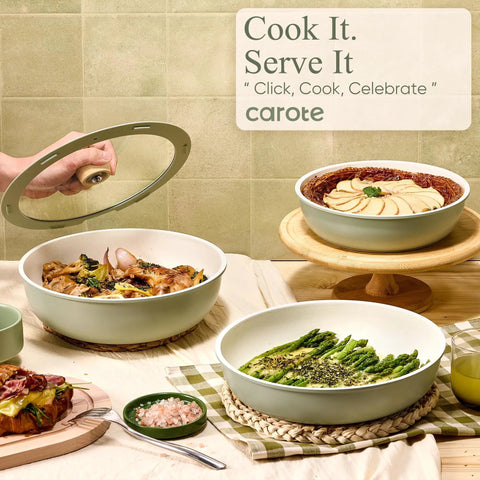 Sage Green cookware dishes using Detachable Handle Nonstick Cookware Set 19 Piece Induction Compatible Pots And Pans Oven Safe