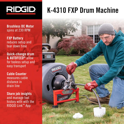 Professional Workhorse 5/8 Inch Brushless Drain Cleaning Drum Machine Auto Feed Cable Counter Cordless Heavy Duty Sewer Snake Kit in use outdoors.