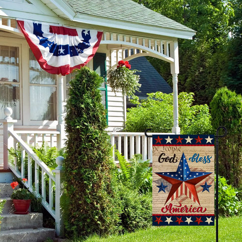 All American God Bless America 4th Of July Garden Flag 12 By 18 Inches Double Sided Red White Blue Stars displayed on porch