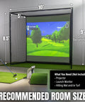Range Cage Elite Golf Hitting Net 8 x 8 Ft Pro Grade Simulator Enclosure with HD Impact Screen in a room setup