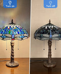 Sea Blue Dragonfly Tiffany Style Stained Glass Desk Lamp For Home Office Living Room Reading Light 16 Inch Shade On and Off