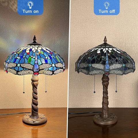 Sea Blue Dragonfly Tiffany Style Stained Glass Desk Lamp For Home Office Living Room Reading Light 16 Inch Shade On and Off