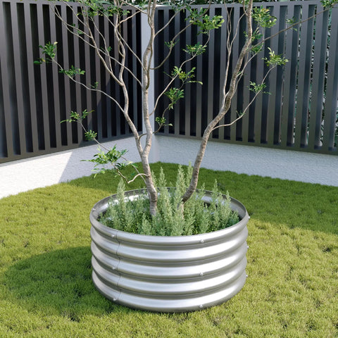 Two Pack Galvanized Round Raised Garden Bed Kit 2x2x1 Feet For Veggies Herbs Flowers Outdoor Planter Box Easy Assembly Rust Resistant Durable Steel Silver with plants and small tree on grass