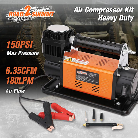 Heavy Duty Portable 12V Air Compressor Kit And Tire Inflator Beast With 150 Psi Max Pressure And 6 Point 35 Cfm Flow, rugged design, included accessories.