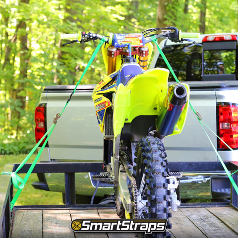 Cambuckle Tie Down Straps 6 Ft, 2 Pack, Standard Duty Ratchet Straps With 1200 Lb Break Strength securing dirt bike on trailer