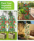 All-in-One Raised Garden Bed Planter Box With Trellis showcasing tomato plants and climbing vegetables, evening lights, patio use