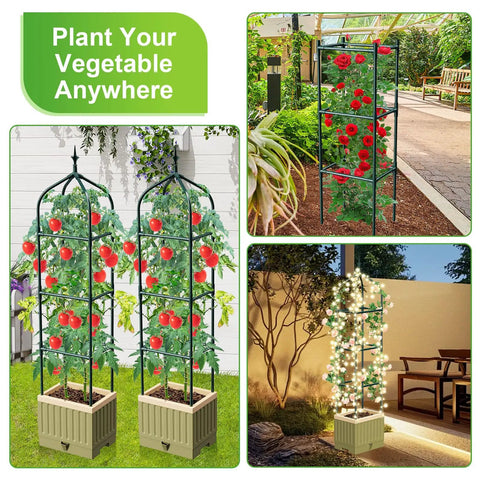 All-in-One Raised Garden Bed Planter Box With Trellis showcasing tomato plants and climbing vegetables, evening lights, patio use