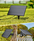 Multiple installation types for 108 Feet Solar String Lights Outdoor With Remote And USB Port Dimmable Timable Three Modes Shatterproof Bulbs Mount Clips For Patio Backyard Garden Camping No Fuss Easy Setup Decor, showing solar panel on ground, tree, and fence.