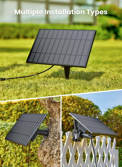 Multiple installation types for 108 Feet Solar String Lights Outdoor With Remote And USB Port Dimmable Timable Three Modes Shatterproof Bulbs Mount Clips For Patio Backyard Garden Camping No Fuss Easy Setup Decor, showing solar panel on ground, tree, and fence.