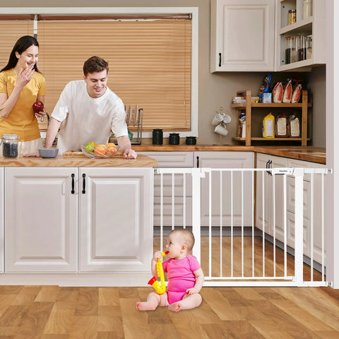 Extra Wide Baby Gate For Stairs And Doorways, Auto Close, Walk Through, Pressure Or Hardware Mounted, Durable White Gate