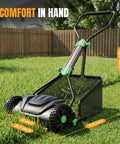 16 Inch Push Reel Lawn Mower With 5 Cutting Blades And Adjustable Height, Removable 8 Gallon Grass Catcher, Easy No Fuss Cut For Yards And Gardens, Clean Level Cut, Durable Black Finish, shown on lawn