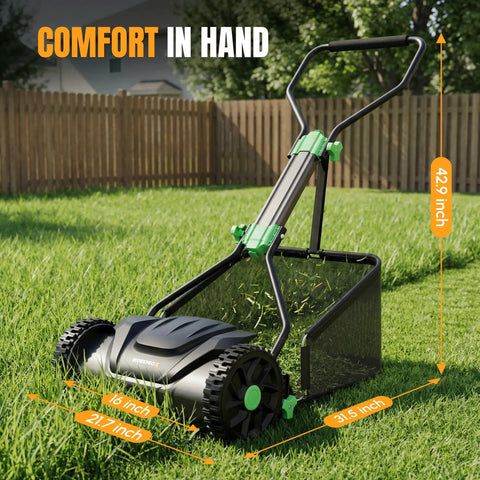 16 Inch Push Reel Lawn Mower With 5 Cutting Blades And Adjustable Height, Removable 8 Gallon Grass Catcher, Easy No Fuss Cut For Yards And Gardens, Clean Level Cut, Durable Black Finish, shown on lawn