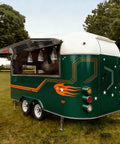 Turnkey Mobile Food Truck And Portable Snack Cart Commercial Kitchen Setup Coffee Bar Or Burger Grill Hustle Custom built green food trailer with opened serving window.