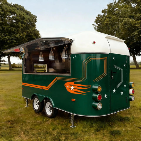 Turnkey Mobile Food Truck And Portable Snack Cart Commercial Kitchen Setup Coffee Bar Or Burger Grill Hustle Custom built green food trailer with opened serving window.