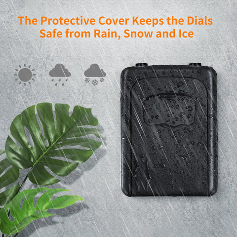 Weatherproof 4 Digit Key Lock Box Wall Mounted With 5 Key Capacity And Resettable Code, covered in rain, beside leafy plant.
