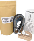 Beginner Knife Sharpening Kit for 1x30 Belt Sander with 15 sanding belts, leather honing belt, and instruction guide.