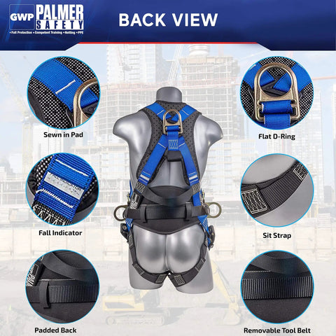 Back view of 5 Point Safety Harness With 6 Foot Lanyard And D Ring Extender Kit For Industrial Roofing PPE Pro Grade OSHA ANSI Approved Comfortable Adjustable Straps Blue Large