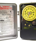 24 Hour Mechanical Irrigation Timer DIY Friendly With 14 Day Skipper Up To 44 On Off Settings Per Day Weather Adaptive Durable Enclosure For Pool Sprinkler And Garden Irrigation Control, open enclosure showing detailed dials