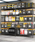 Beefy 70 Inch Wide Garage Storage Shelves Heavy Duty Metal Shelving Unit With 1600 Lbs Capacity L Shaped Configurable Design For Left Or Right Setup Tall 72 Inch Storage Rack Perfect For Workshop And Garage, black metal shelving loaded with bins
